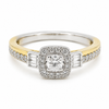 9ct two tone cushion cut diamond halo engagement ring with baguette shoulders and pavé band by Cassim & Co Johannesburg