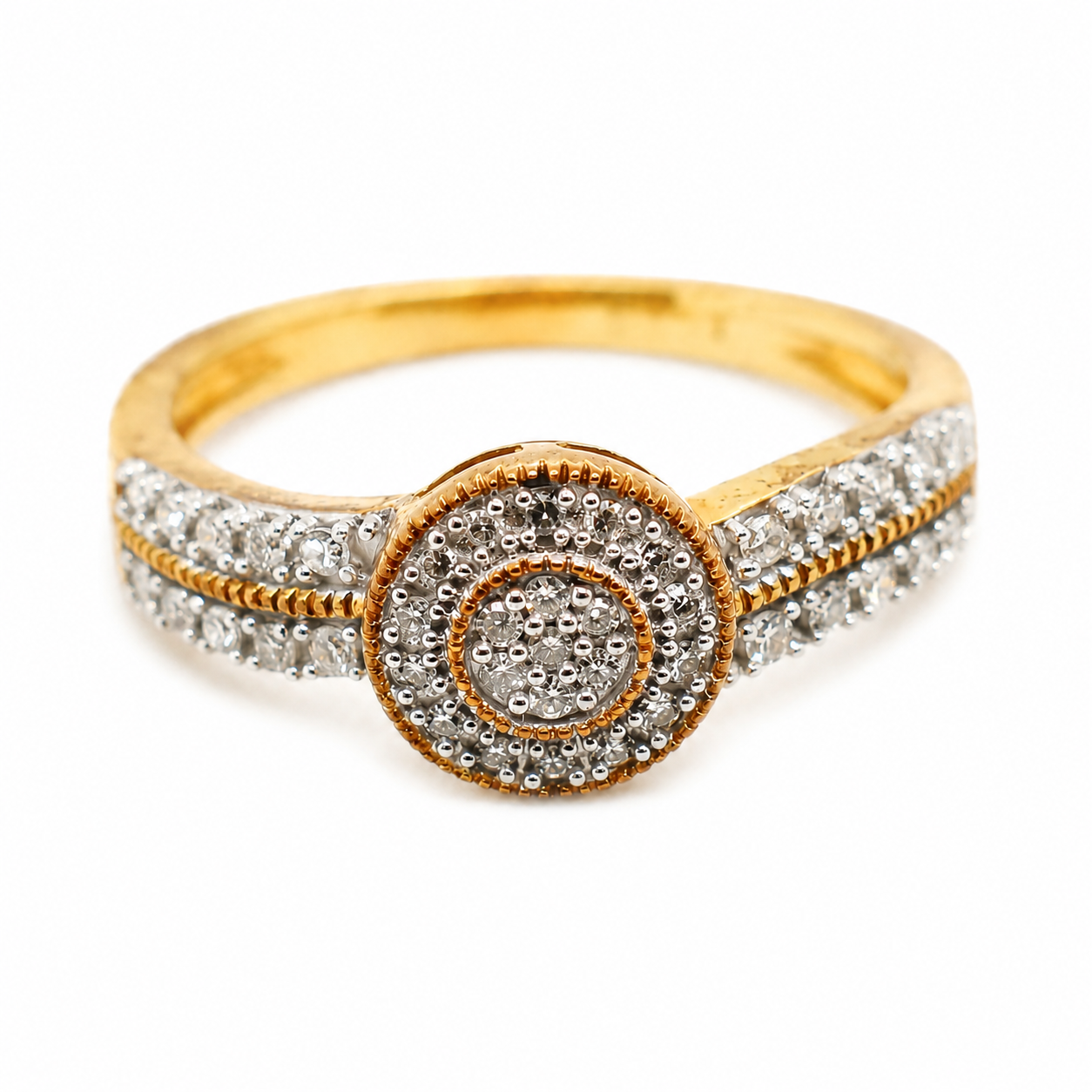 9ct yellow gold diamond cluster halo engagement ring with pavé shoulders and milgrain detail
