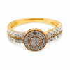9ct yellow gold diamond cluster halo engagement ring with pavé shoulders and milgrain detail
