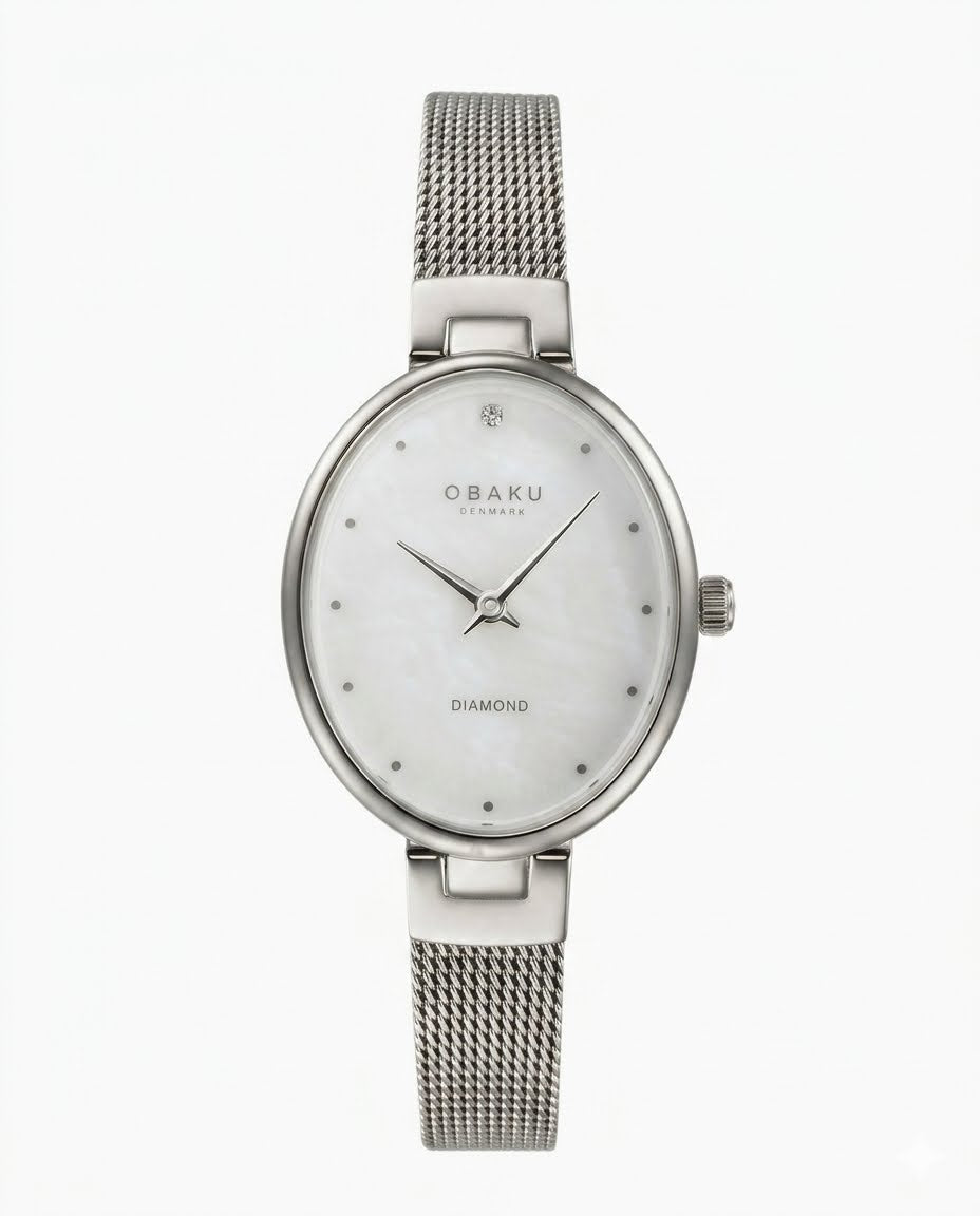 Obaku V312LXCWMC Quartz Oval Mother-of-Pearl Diamond Dial Stainless Steel Mesh Watch