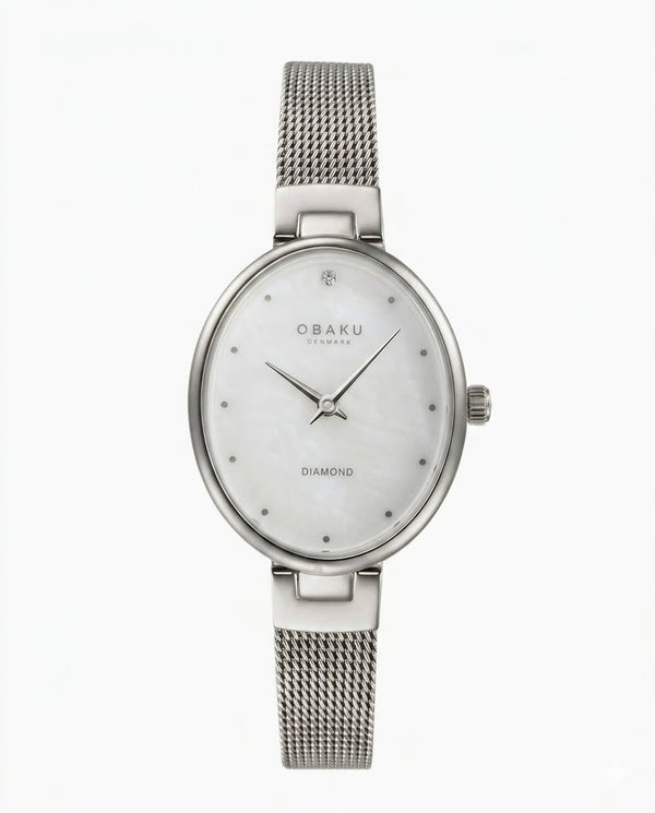 Obaku V312LXCWMC Quartz Oval Mother-of-Pearl Diamond Dial Stainless Steel Mesh Watch