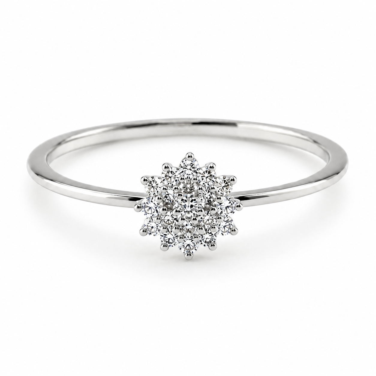9ct white gold diamond flower cluster engagement ring with round brilliant cut diamonds in claw setting on polished band