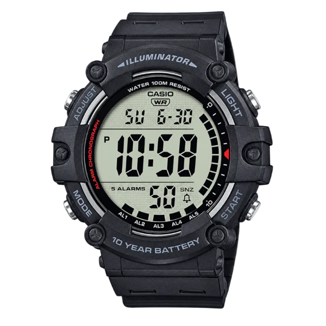 Casio AE-1500WH-1AVDF digital watch front view showing large LCD digits