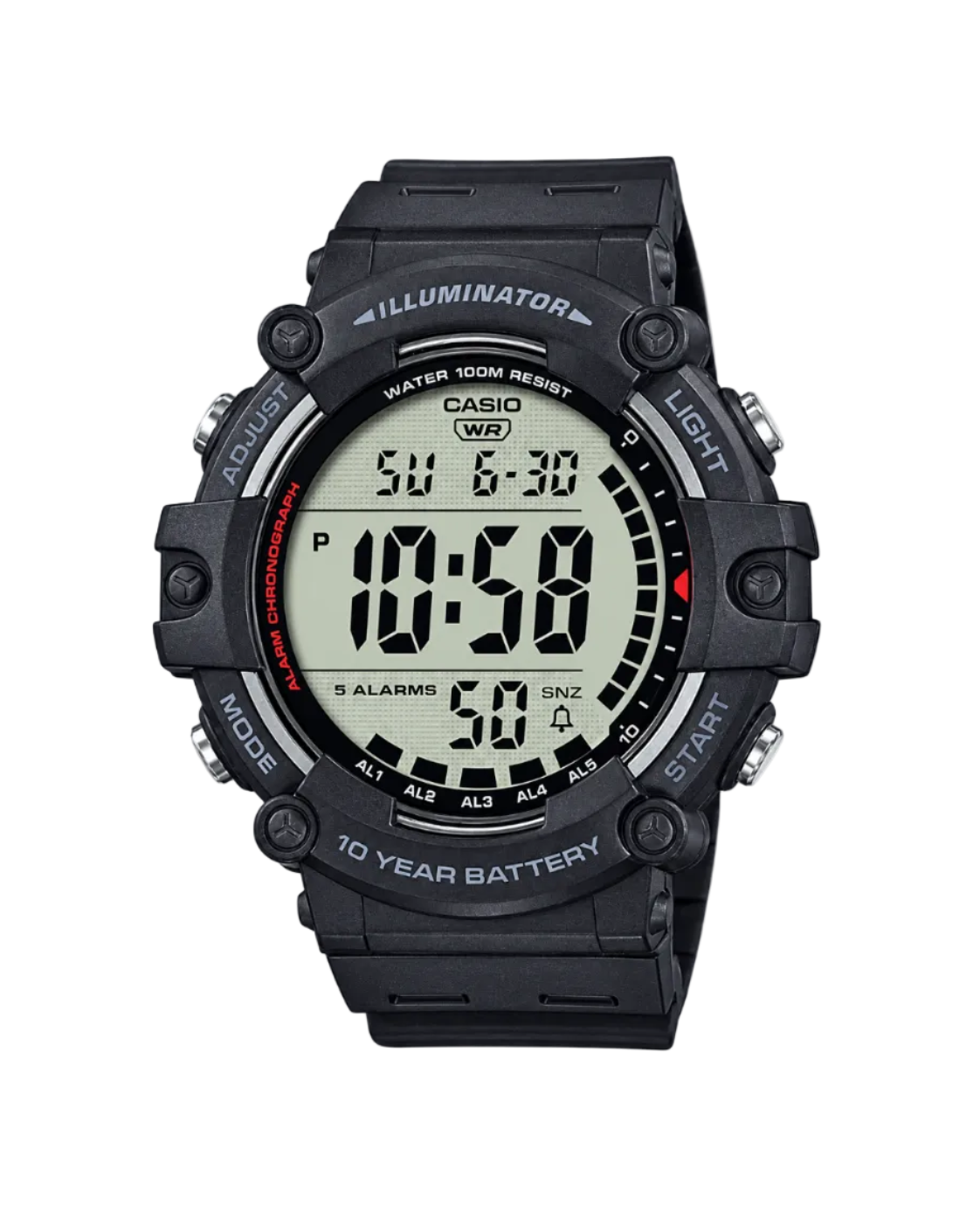 Casio AE-1500WH-1AVDF digital watch front view showing large LCD digits