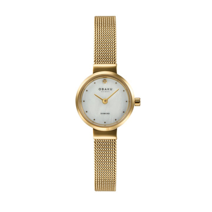 Obaku Blink V313LXGWMG ladies quartz watch with white diamond dial, gold PVD case, and Milanese mesh bracelet
