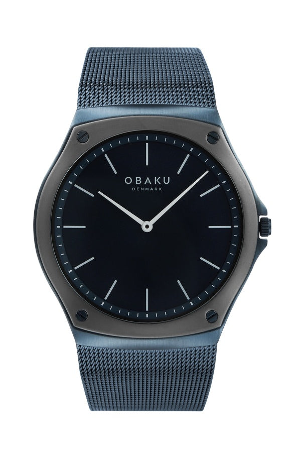 Obaku Net V316GXYLML quartz watch with black dial and blue PVD mesh bracelet on white background