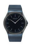 Obaku Net V316GXYLML quartz watch with black dial and blue PVD mesh bracelet on white background