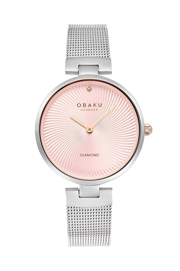 Obaku Denmark Diamant V256LXCPMC pink sunburst dial quartz watch with stainless steel mesh bracelet and diamond marker
