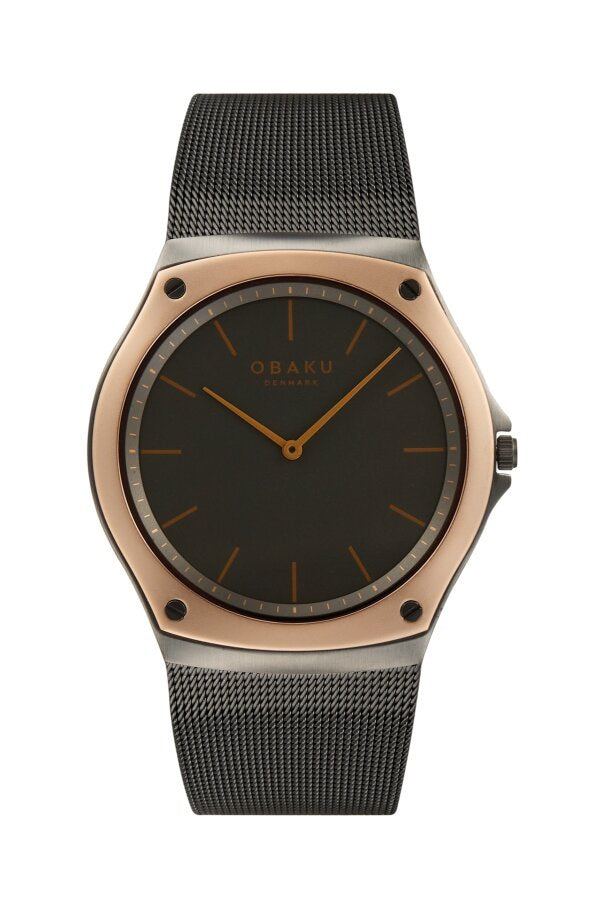 Obaku Lagen Lille V316LXDJMJ 33mm two-tone quartz watch with granite dial, rose gold bezel and gunmetal mesh bracelet