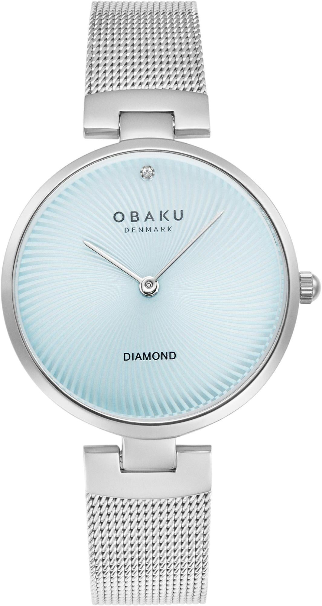 Obaku Diamant V256LXCMMC women's quartz watch with pale blue sunray dial, diamond marker, and stainless steel mesh bracelet on white background