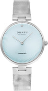 Obaku Diamant V256LXCMMC women's quartz watch with pale blue sunray dial, diamond marker, and stainless steel mesh bracelet on white background