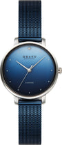 Obaku Denmark V320LXCZML ladies quartz watch with blue gradient sunburst dial, diamond accent at 12 o'clock, and blue PVD stainless steel mesh bracelet
