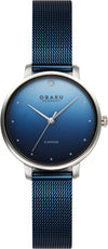 Obaku Denmark V320LXCZML ladies quartz watch with blue gradient sunburst dial, diamond accent at 12 o'clock, and blue PVD stainless steel mesh bracelet