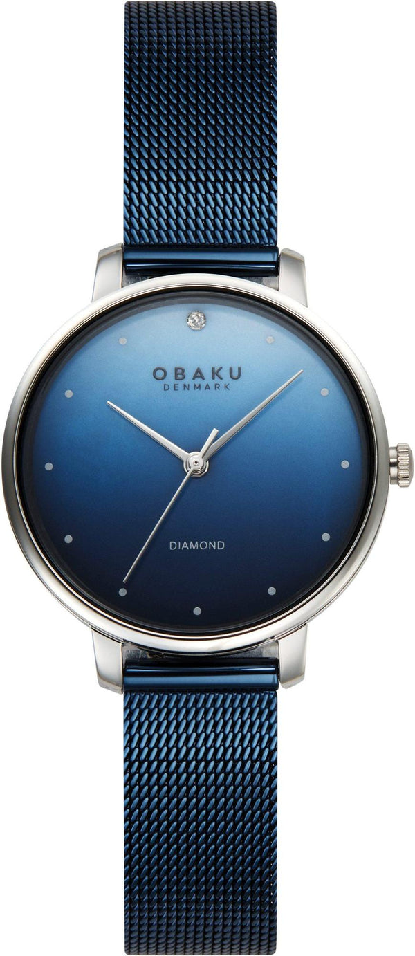 Obaku Denmark V320LXCZML ladies quartz watch with blue gradient sunburst dial, diamond accent at 12 o'clock, and blue PVD stainless steel mesh bracelet