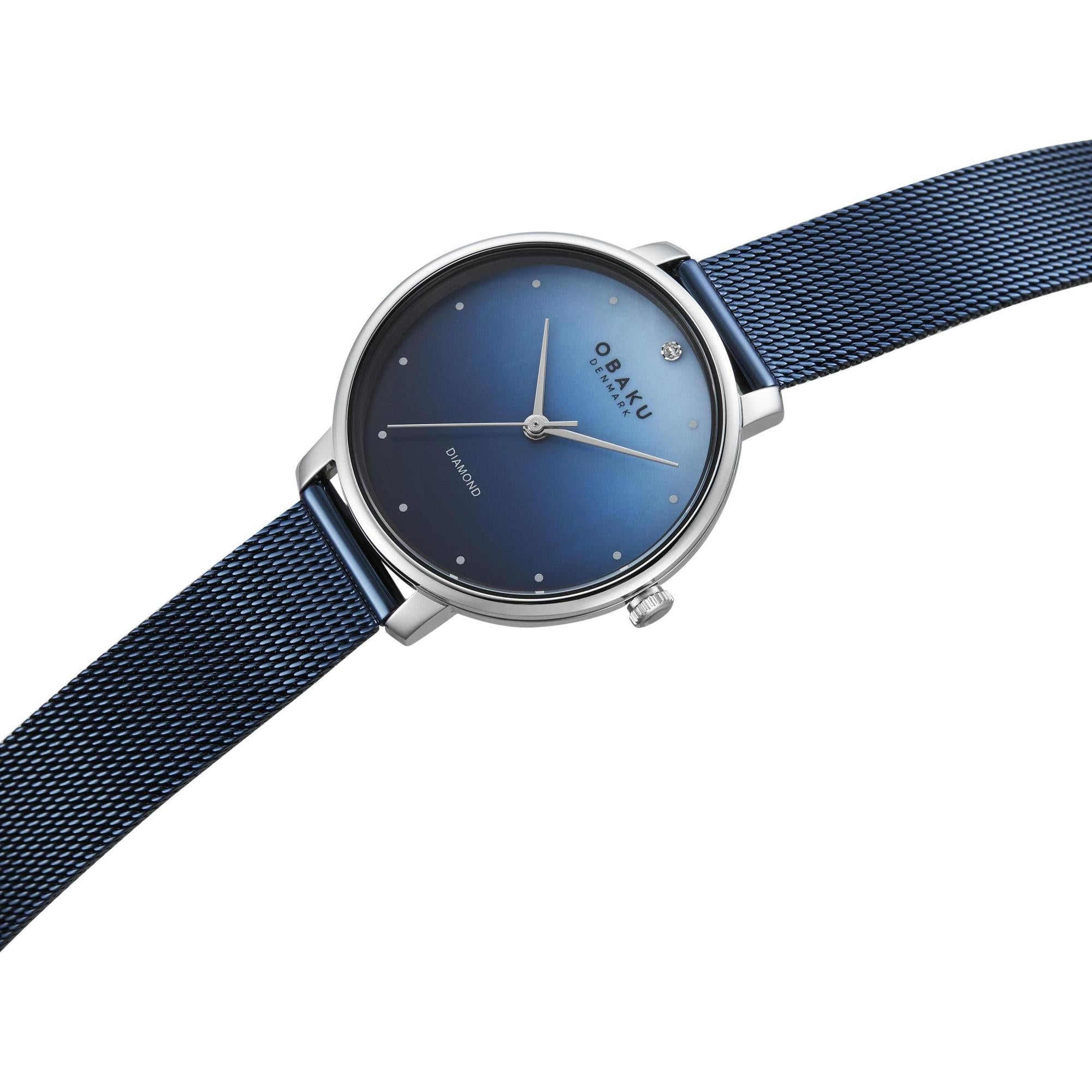 Obaku Denmark V320LXCZML Quartz Blue Dial Diamond Accent Steel Mesh Watch (V320LXCZML-DL)