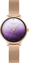 Obaku Denmark V320LXVZMV rose gold-tone mesh watch with purple gradient dial and diamond at 12 o'clock