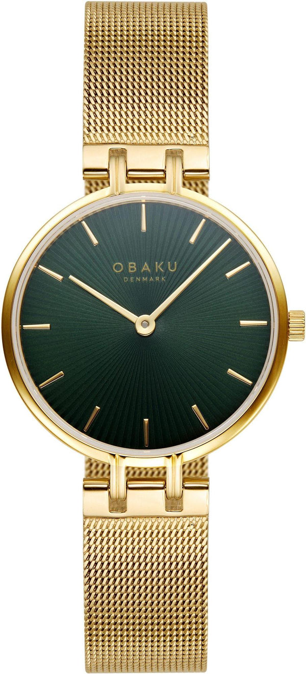 Obaku V322LXGEMG quartz watch with green sunray dial and gold-tone stainless steel Milanese mesh bracelet