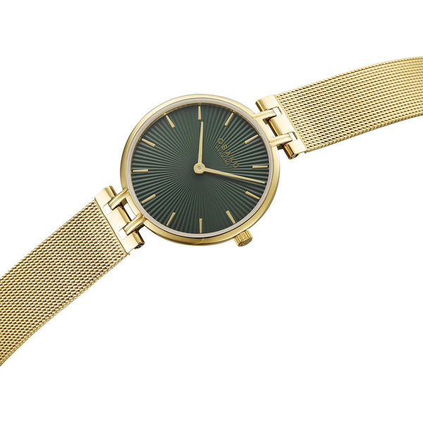 Obaku V322LXGEMG Quartz Green Sunray Dial Gold-Tone Mesh Watch
