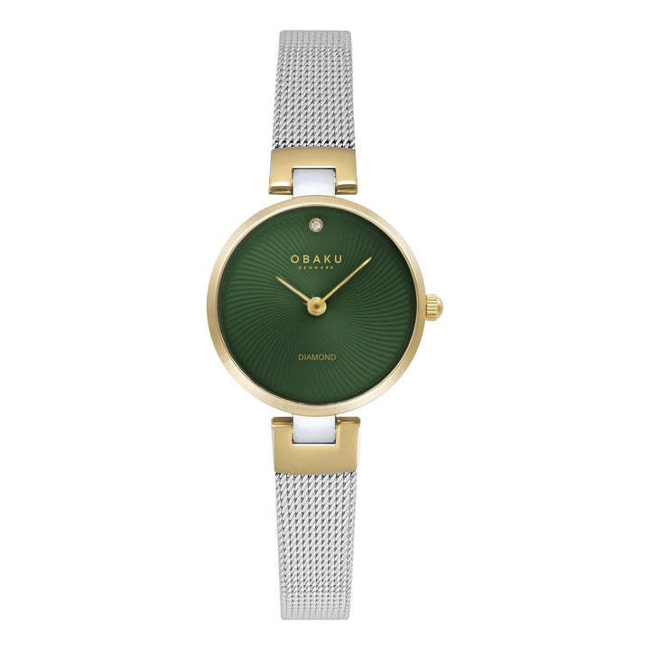Obaku Diamant Petite women's watch with green sunburst dial and gold-tone mesh bracelet