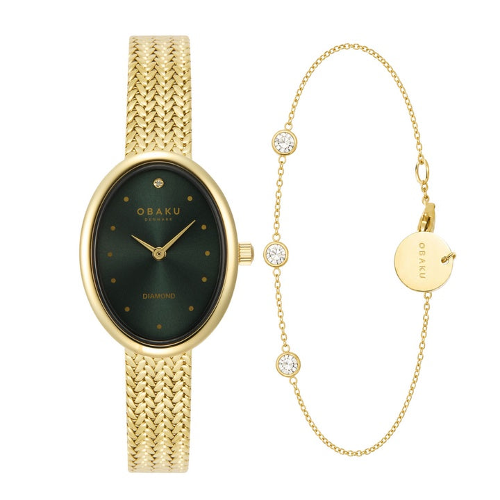 Obaku Ellipse Sugar women's watch with green sunray dial and gold-tone steel bracelet
