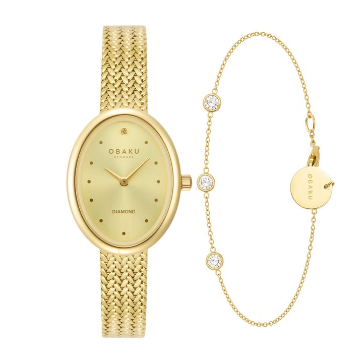 Obaku Ellipse women's watch with oval gold sunray dial and gold-tone mesh bracelet