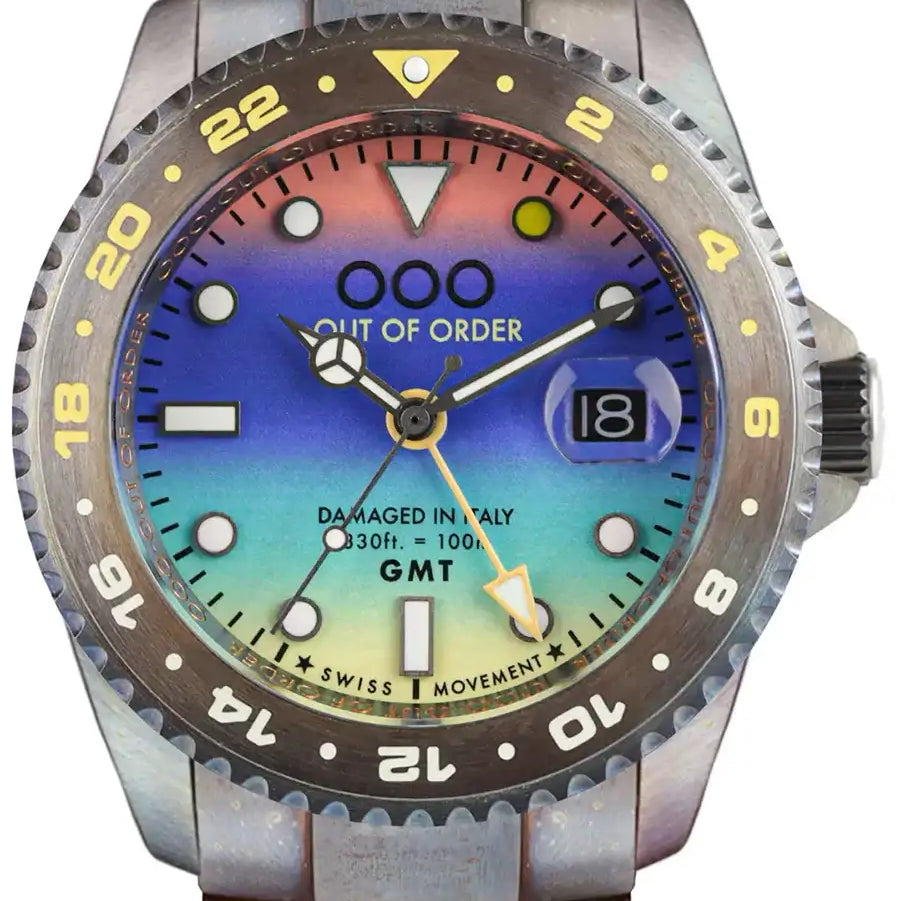 Out Of Order GMT Miami OOO.001-19.MI Swiss quartz watch with gradient multicolour dial and stainless steel bracelet