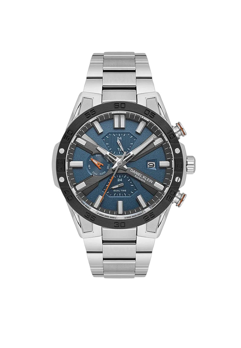 Daniel Klein DK113974-4 dual time quartz chronograph watch with blue sunburst dial, black tachymetric bezel, and stainless steel three-link bracelet