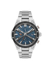 Daniel Klein DK113974-4 dual time quartz chronograph watch with blue sunburst dial, black tachymetric bezel, and stainless steel three-link bracelet