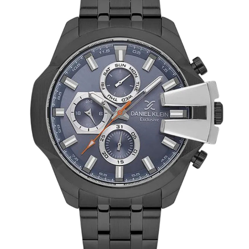 Daniel Klein Exclusive DK113848-3 men's chronograph watch with blue dial, black IP stainless steel case and bracelet, day-date display