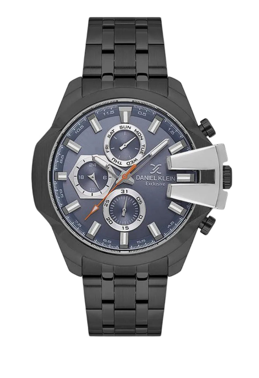 Daniel Klein Exclusive DK113848-3 men's chronograph watch with blue dial, black IP stainless steel case and bracelet, day-date display