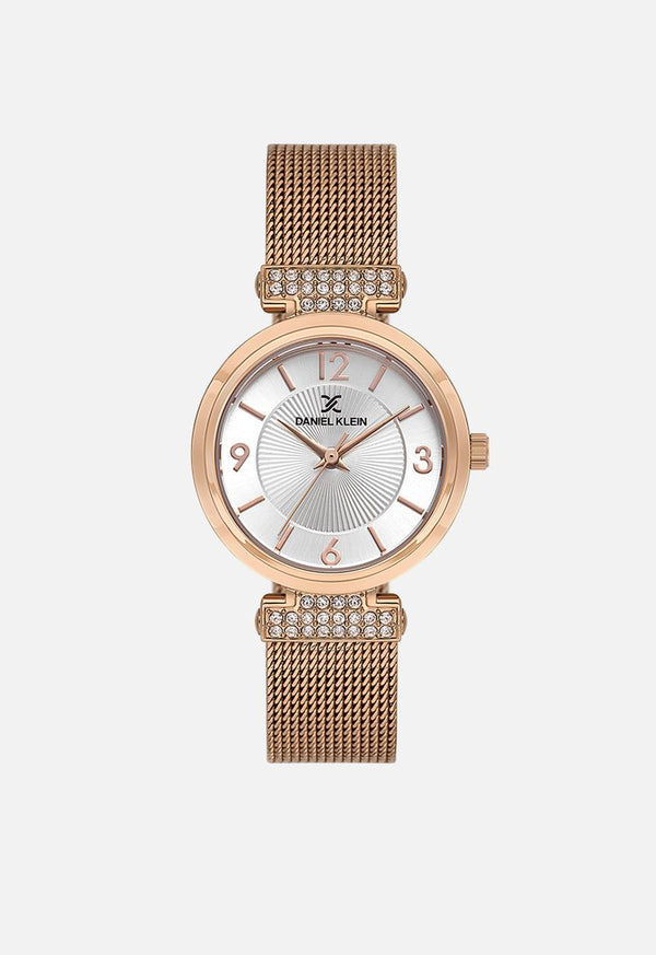 Daniel Klein DK113966-5 ladies quartz watch with rose gold tone case, silver sunburst dial, Arabic numerals, and rose gold mesh bracelet with stone embellishments