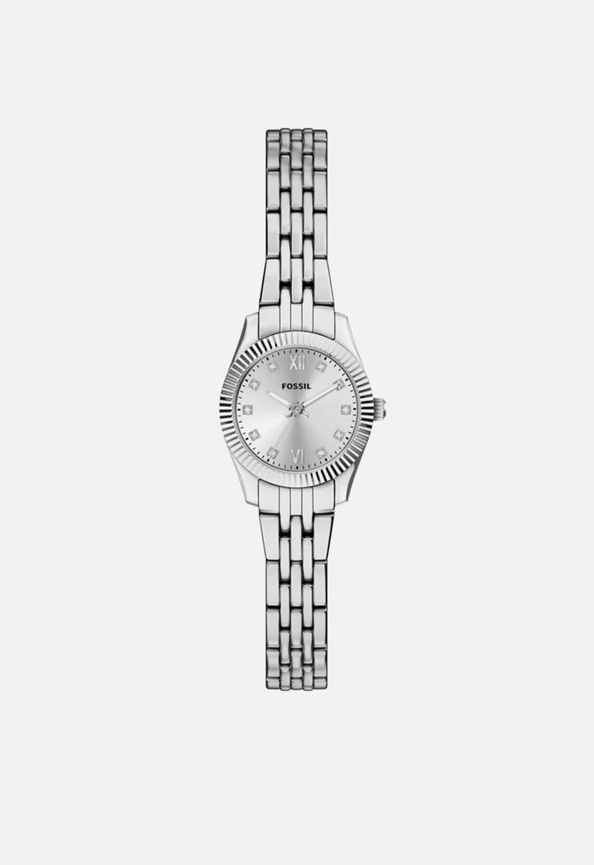 Fossil Scarlette Mini ES5475 ladies quartz watch with 20mm stainless steel case, silver sunray dial, fluted bezel, and steel bracelet