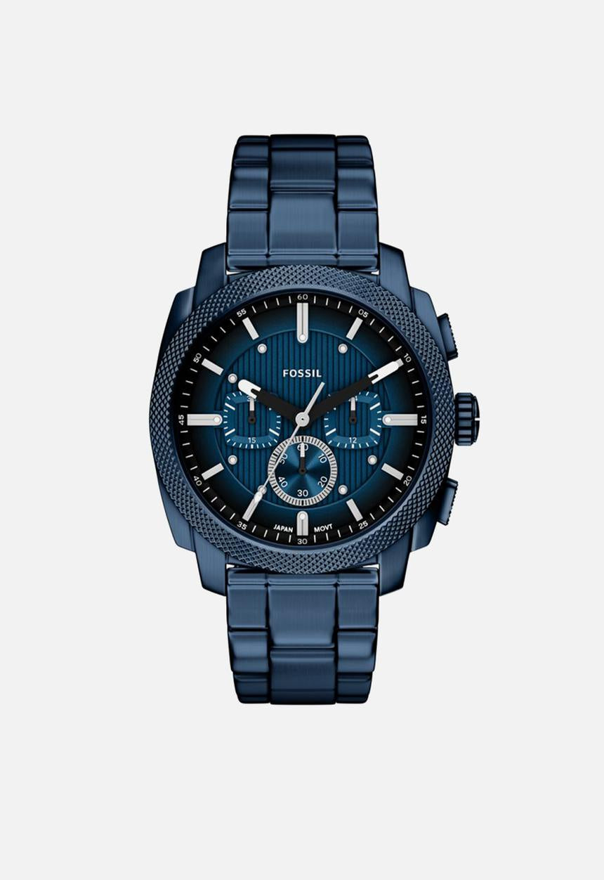 Fossil Machine FS6167 chronograph watch with 44mm square navy-blue stainless steel case and matching bracelet, featuring blue sunray dial with chronograph sub-dials