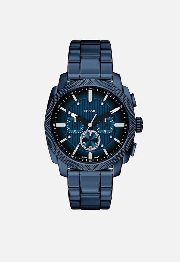 Fossil Machine FS6167 chronograph watch with 44mm square navy-blue stainless steel case and matching bracelet, featuring blue sunray dial with chronograph sub-dials