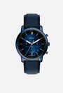 Fossil Neutra Chronograph FS6168 mens quartz watch with 44mm navy stainless steel case, blue dial, and navy leather strap