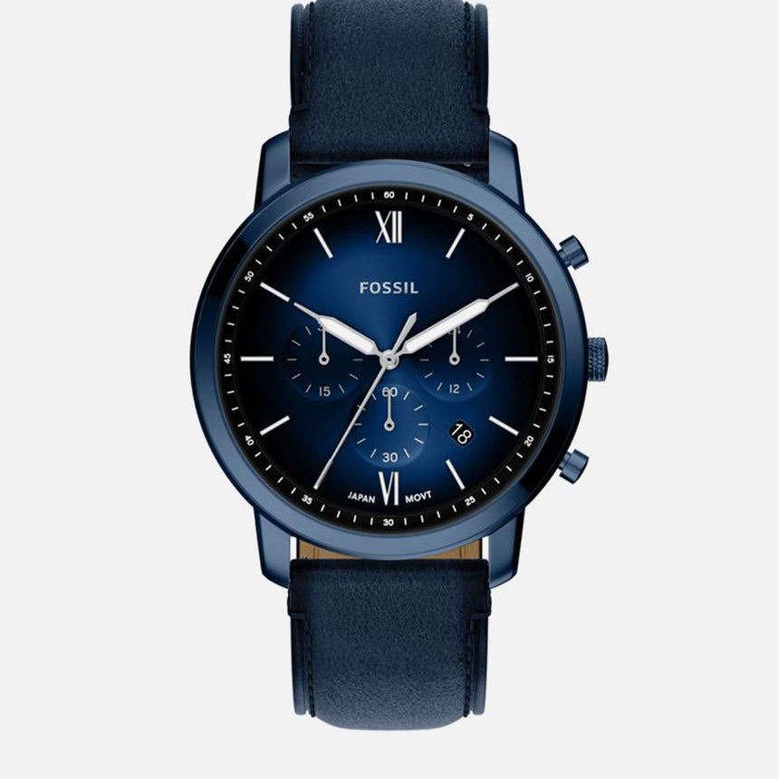 Fossil Neutra Chronograph FS6168 mens quartz watch with 44mm navy stainless steel case, blue dial, and navy leather strap