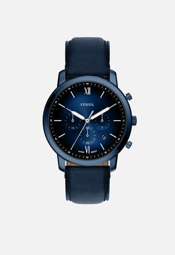 Fossil Neutra Chronograph FS6168 mens quartz watch with 44mm navy stainless steel case, blue dial, and navy leather strap