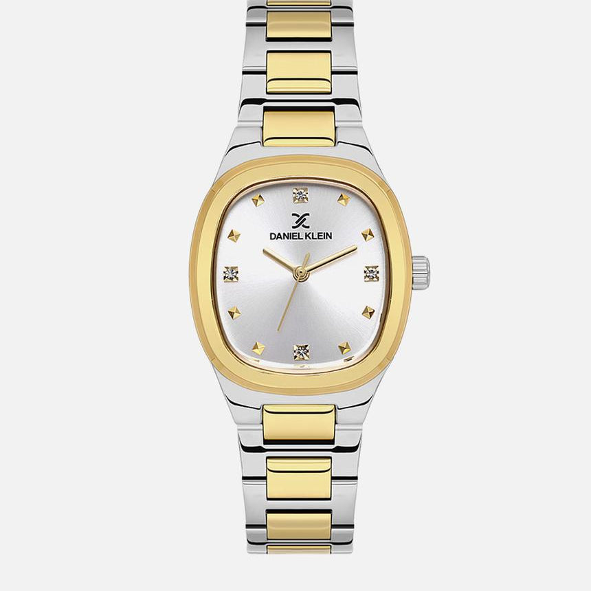 Daniel Klein DK113955-4 two-tone stainless steel quartz watch with cushion case silver dial crystal markers and integrated bracelet
