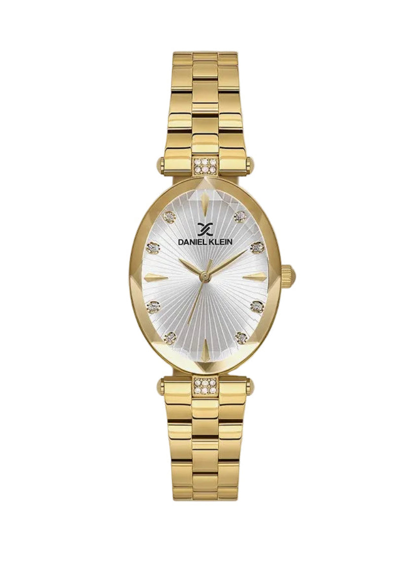 Daniel Klein DK113954-2 women's quartz watch with oval gold-tone stainless steel case, sunray silver dial, crystal hour markers and three-link bracelet