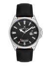Daniel Klein DK614038-1 quartz day-date watch with 42mm stainless steel case, black dial with silver indices, day window at six o'clock, date window at three o'clock, and black leather strap