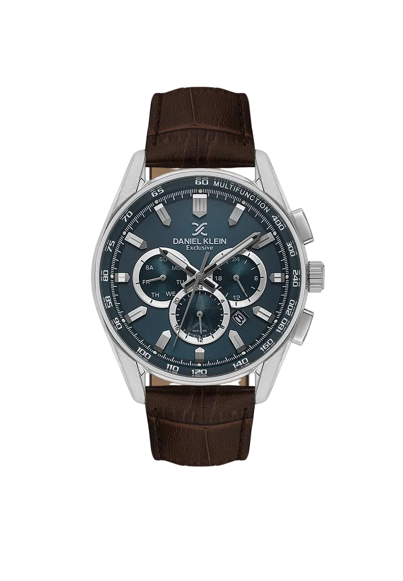 Daniel Klein Exclusive DK114002-3 multifunction chronograph watch with blue sunburst dial, stainless steel case, brown leather strap, and tachymeter bezel