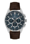 Daniel Klein Exclusive DK114002-3 multifunction chronograph watch with blue sunburst dial, stainless steel case, brown leather strap, and tachymeter bezel