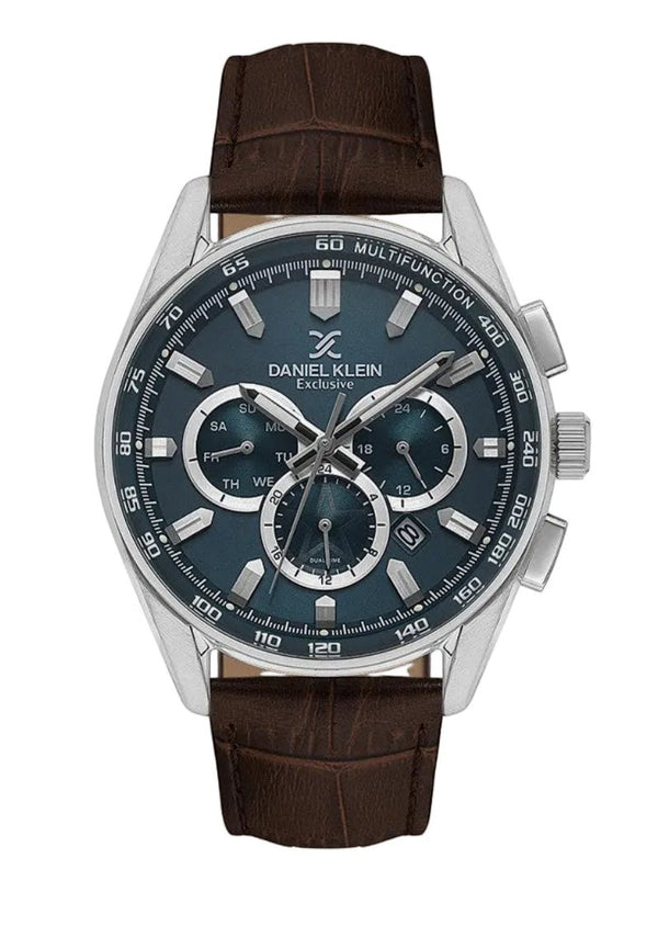 Daniel Klein Exclusive DK114002-3 multifunction chronograph watch with blue sunburst dial, stainless steel case, brown leather strap, and tachymeter bezel