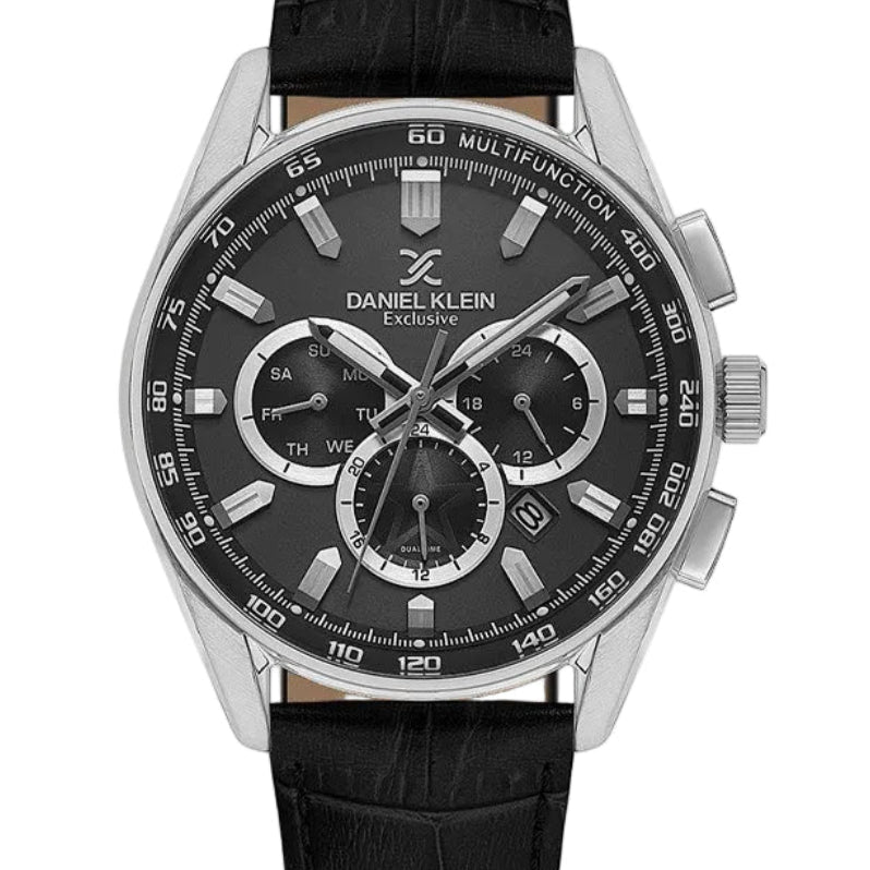 Daniel Klein Exclusive DK114002-1 multifunction chronograph watch with black dial, stainless steel case, and black leather strap