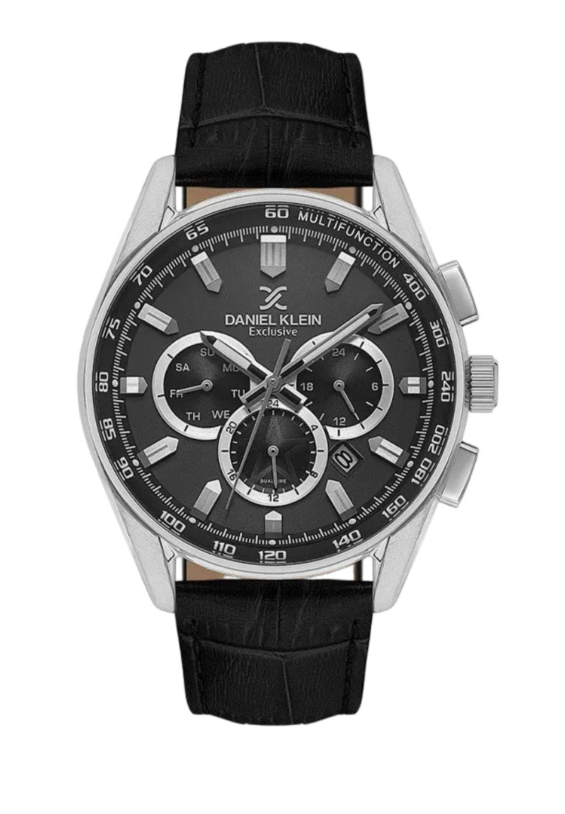 Daniel Klein Exclusive DK114002-1 multifunction chronograph watch with black dial, stainless steel case, and black leather strap