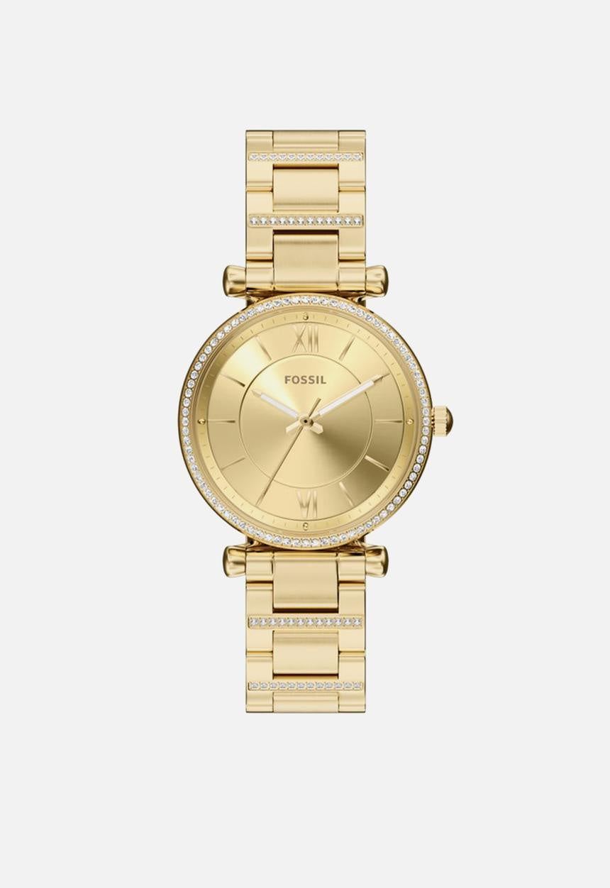 Fossil Carlie ES5465 gold-tone stainless steel women's watch with stone-set bezel and bracelet on white background