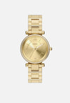 Fossil Carlie ES5465 gold-tone stainless steel women's watch with stone-set bezel and bracelet on white background