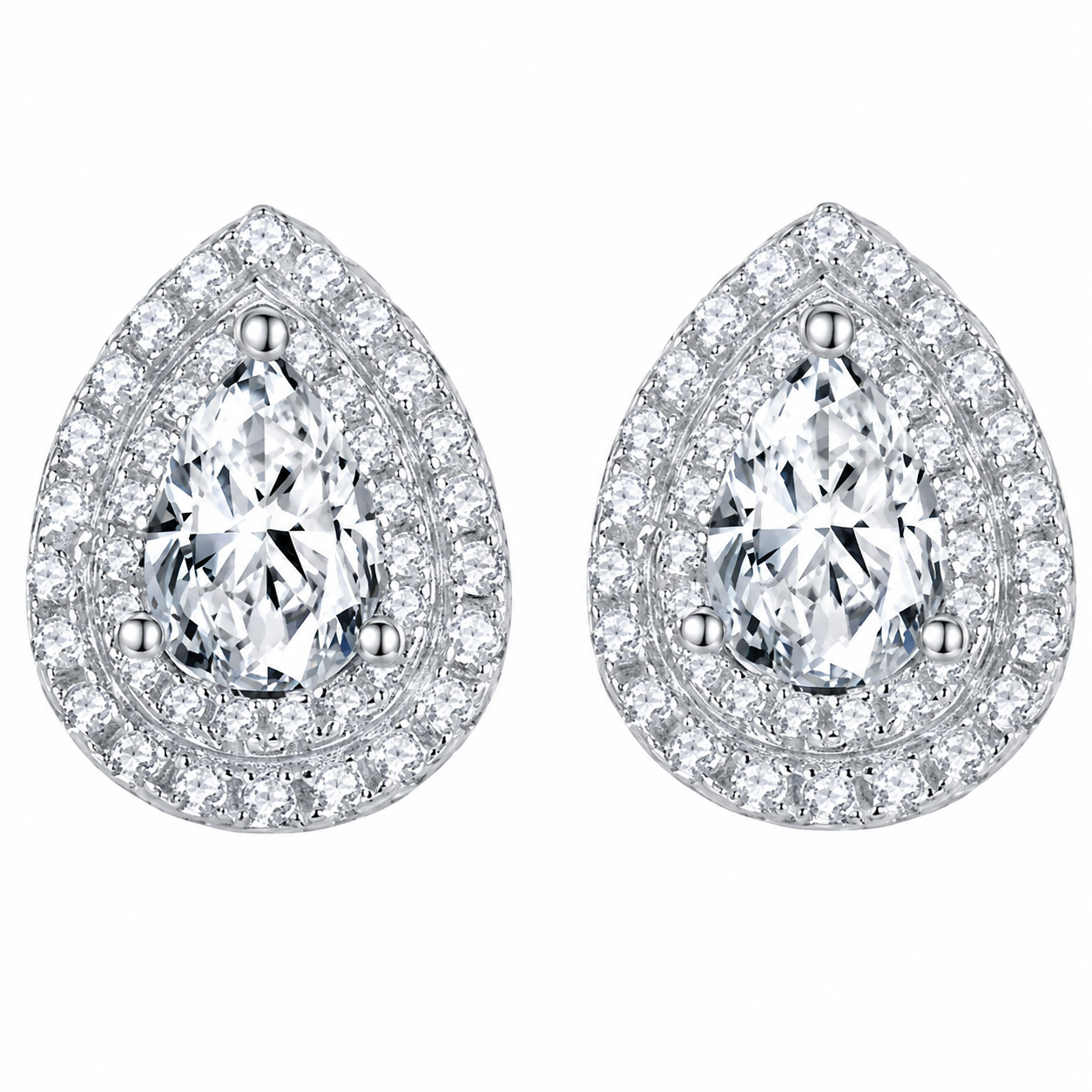 Sterling silver pear moissanite double halo stud earrings by Cassim & Co Johannesburg