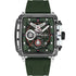 Police Clout PEWGO0052404 quartz chronograph watch with transparent polycarbonate case and green skeletonised dial on green silicone strap