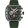Police Clout PEWGO0052404 quartz chronograph watch with transparent polycarbonate case and green skeletonised dial on green silicone strap